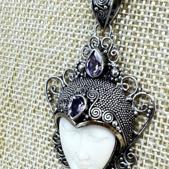 NF Carved Goddess Face Amethyst 14K Gold and 925 Sterling Silver Necklace - Picture 2 of 11